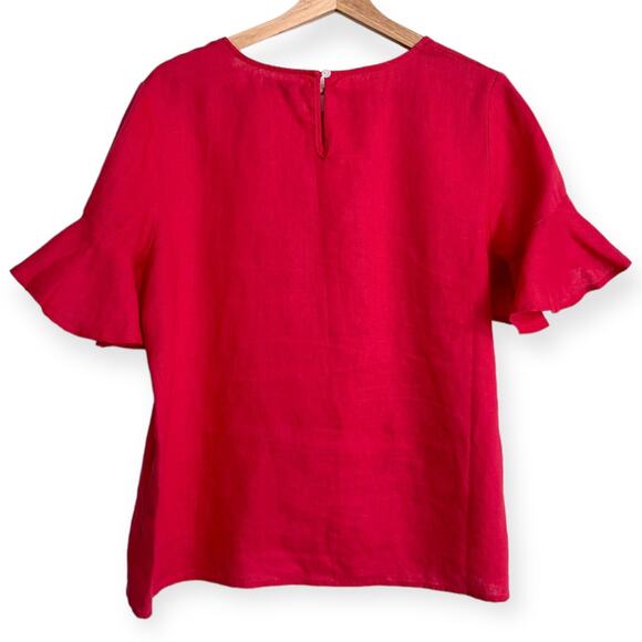 For Cynthia 100% Linen Hot Pink Short Flutter Sleeve Blouse Women's Size LP - Picture 2 of 8